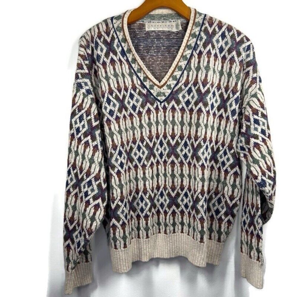 Vintage Crossings Fine Line   Grandpa V-neck Chunky Patterned Sweater Size Large